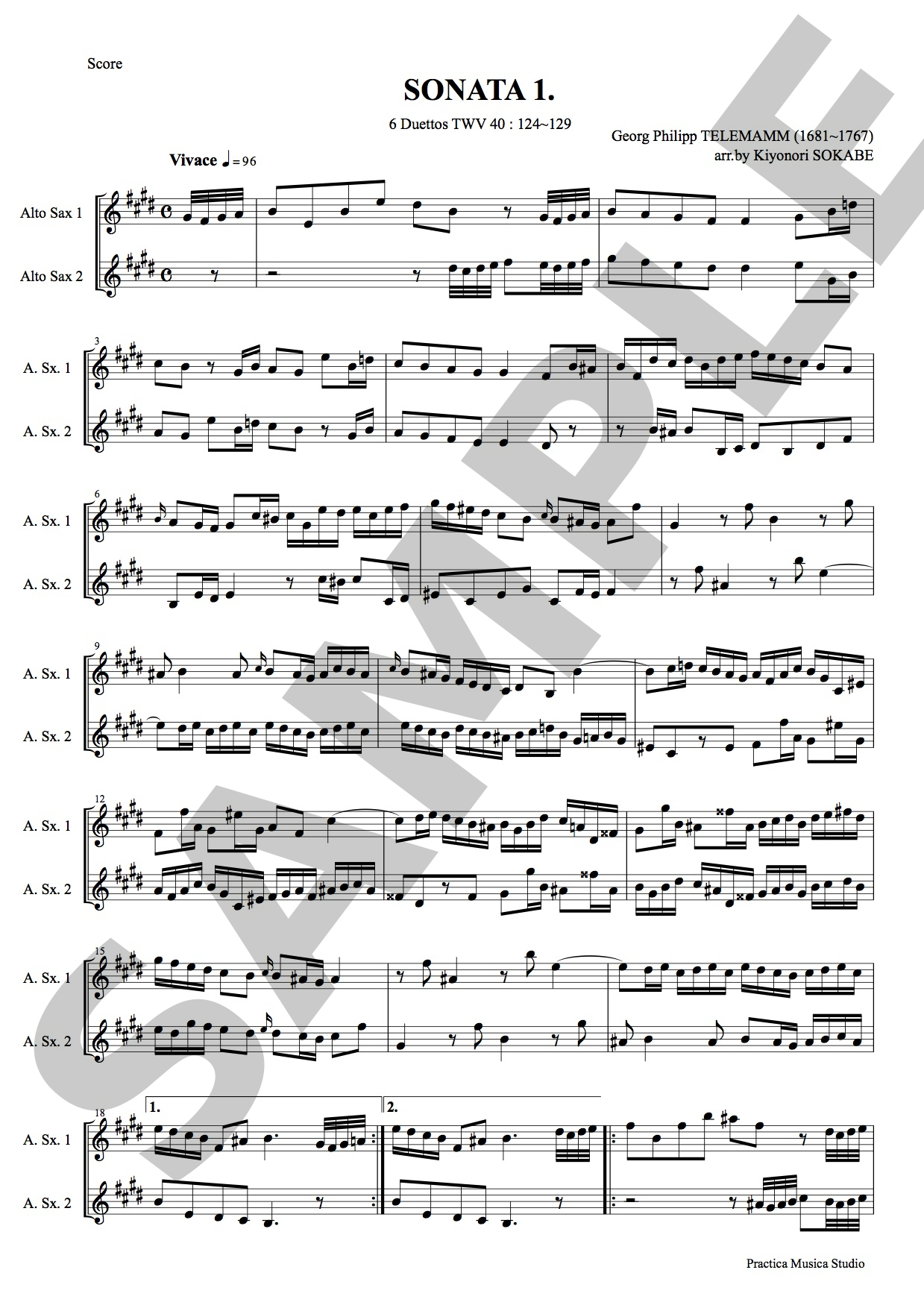 デュオソナタ第１番〜２本のアルトサキソフォンのための (テレマン) 管楽 - 二重奏 | 現代日本の音楽の楽譜 | SOKABE Music  Publishing